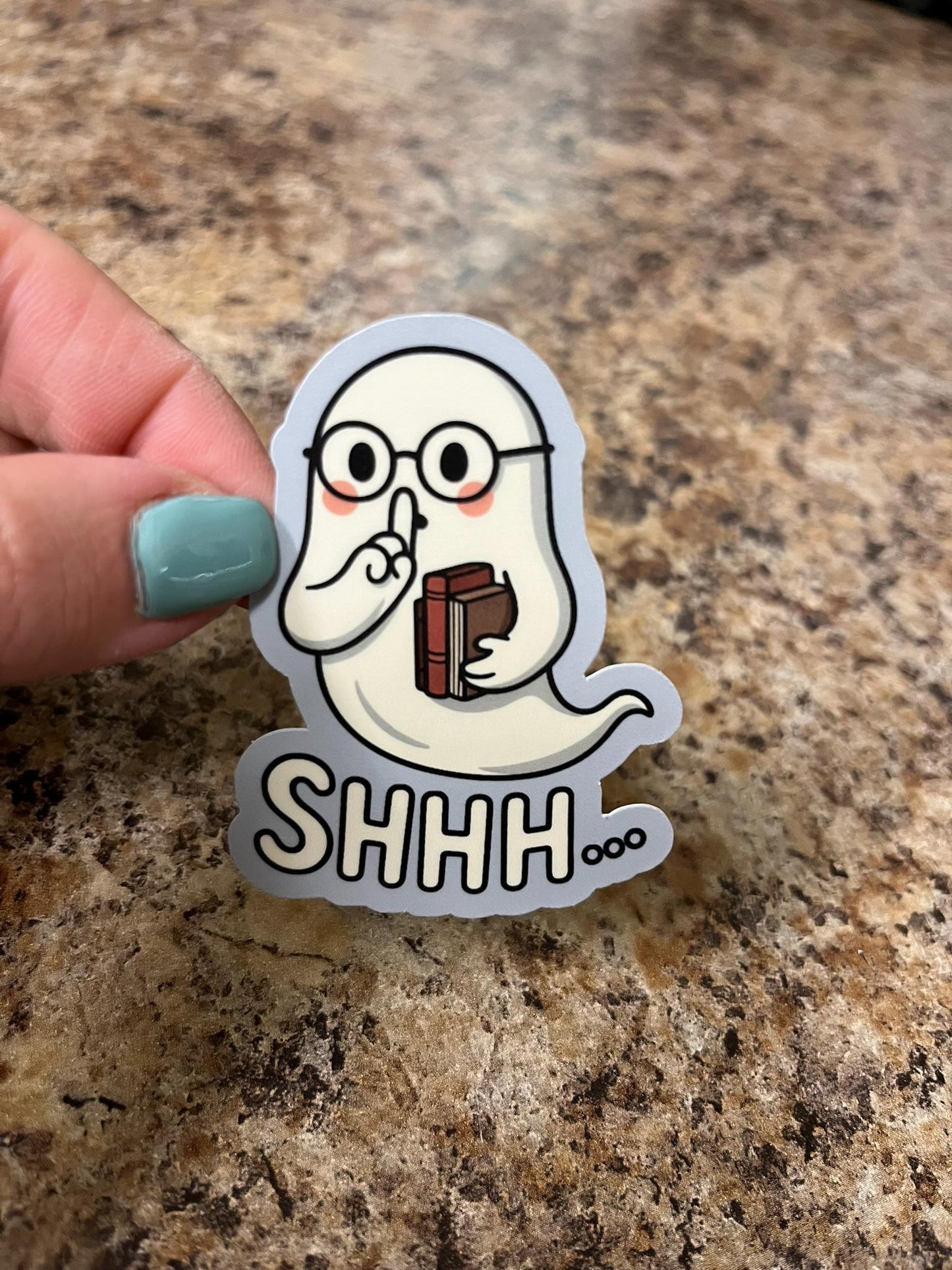 Shhh Ghost Librarian Sticker | Quiet Please Sticker | Cute Ghost with Book | Spooky Bookish Sticker | Library Lover Sticker