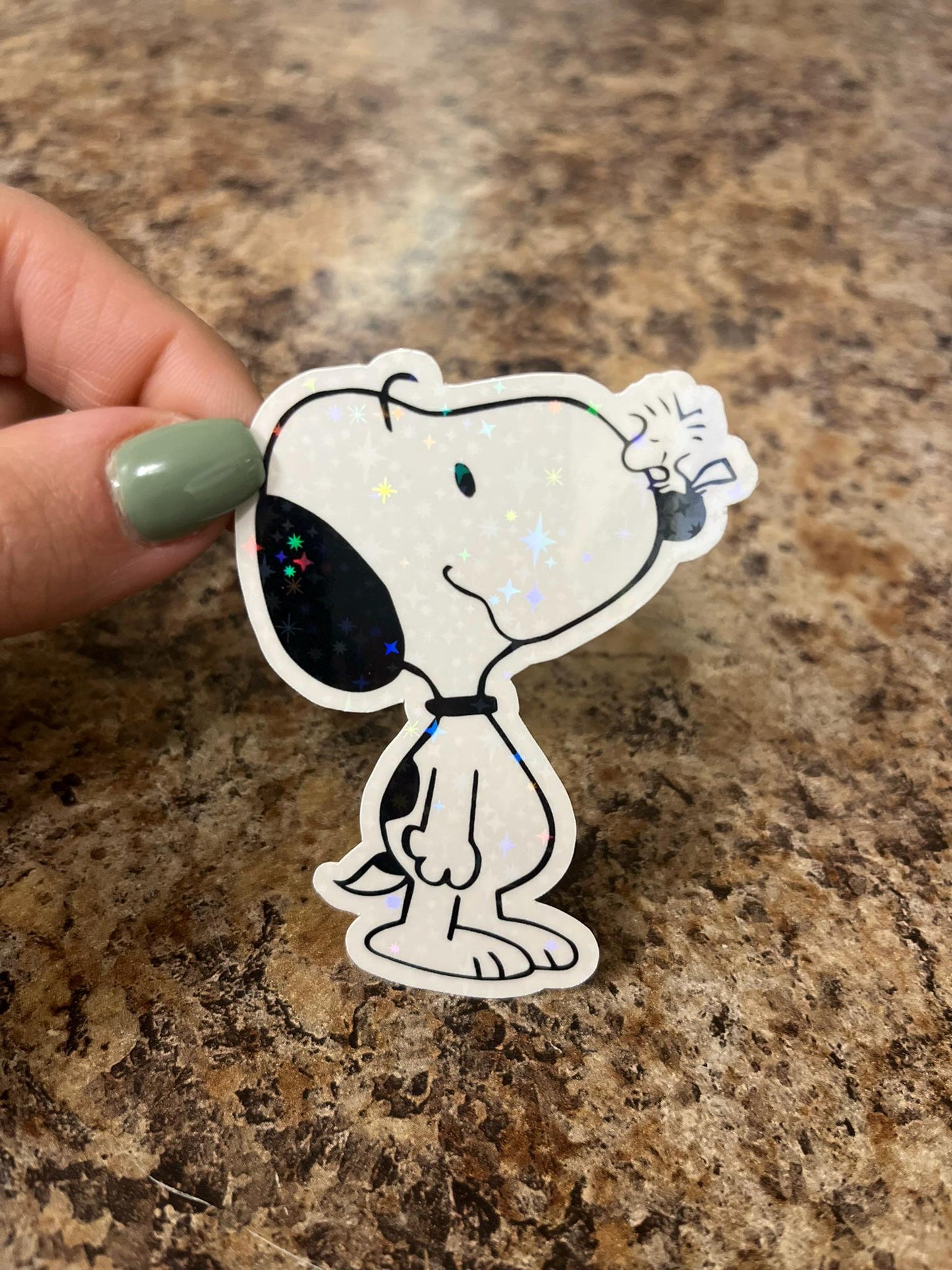 Classic Snoopy & Woodstock Holographic Sticker | Rainbow Sparkle Peanuts Decal | Best Friends Vinyl Art | 3"x2.25"