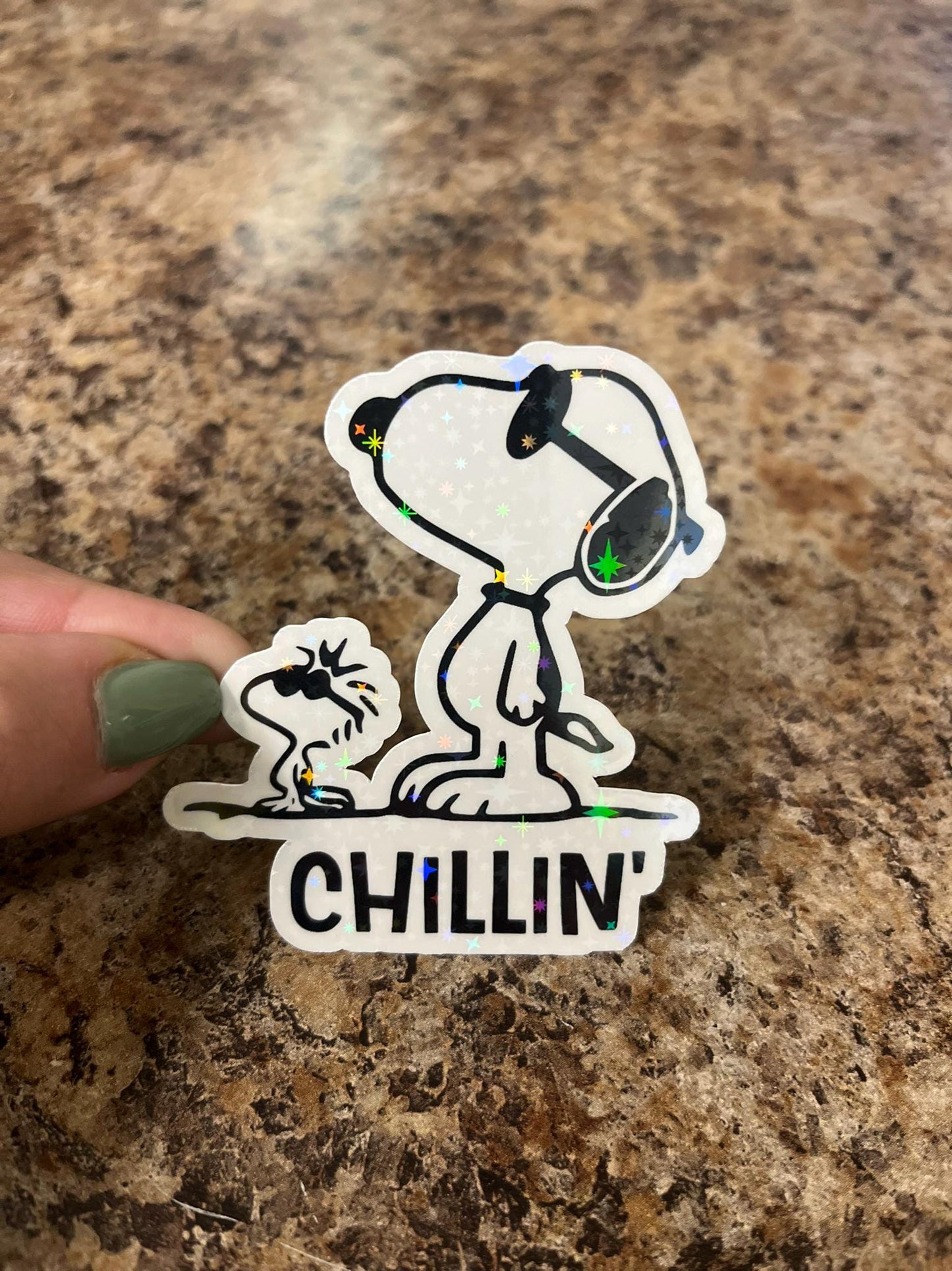 Chillin Snoopy & Woodstock Holographic Sticker | Rainbow Sparkle Peanuts Decal | Cool Vibes Vinyl Art | 3"x2.5"