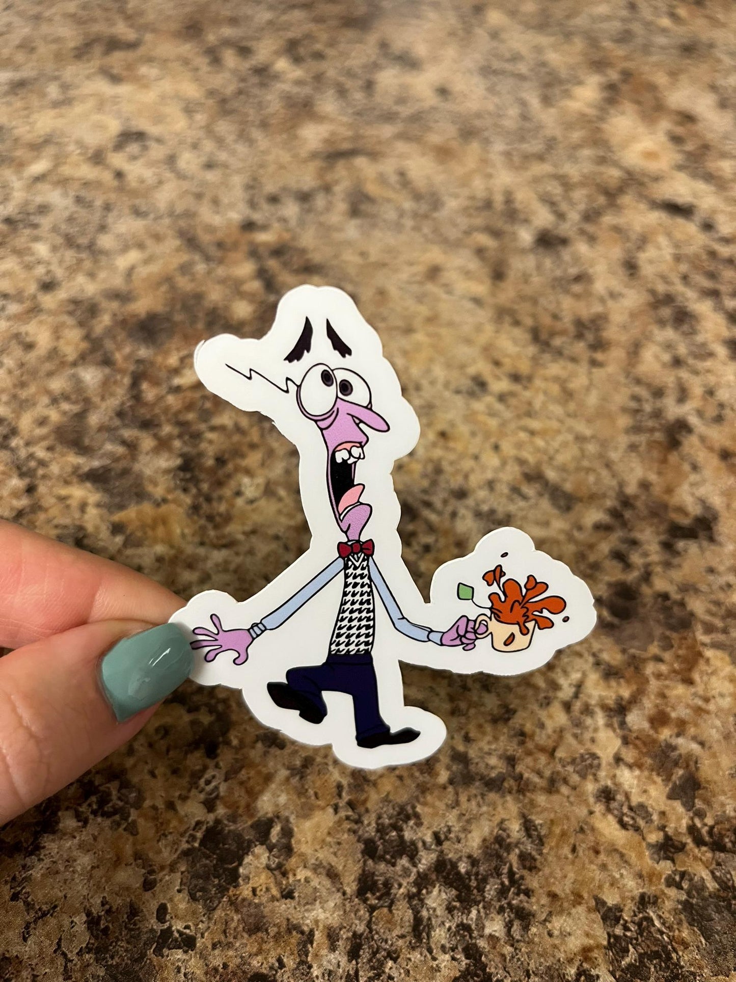 Fear Spilling Coffee Waterproof Sticker | Inside Out Anxiety | Pixar Character | 3"x2.75" Vinyl Fear Inside Out Laptop Journal Pixar Merch