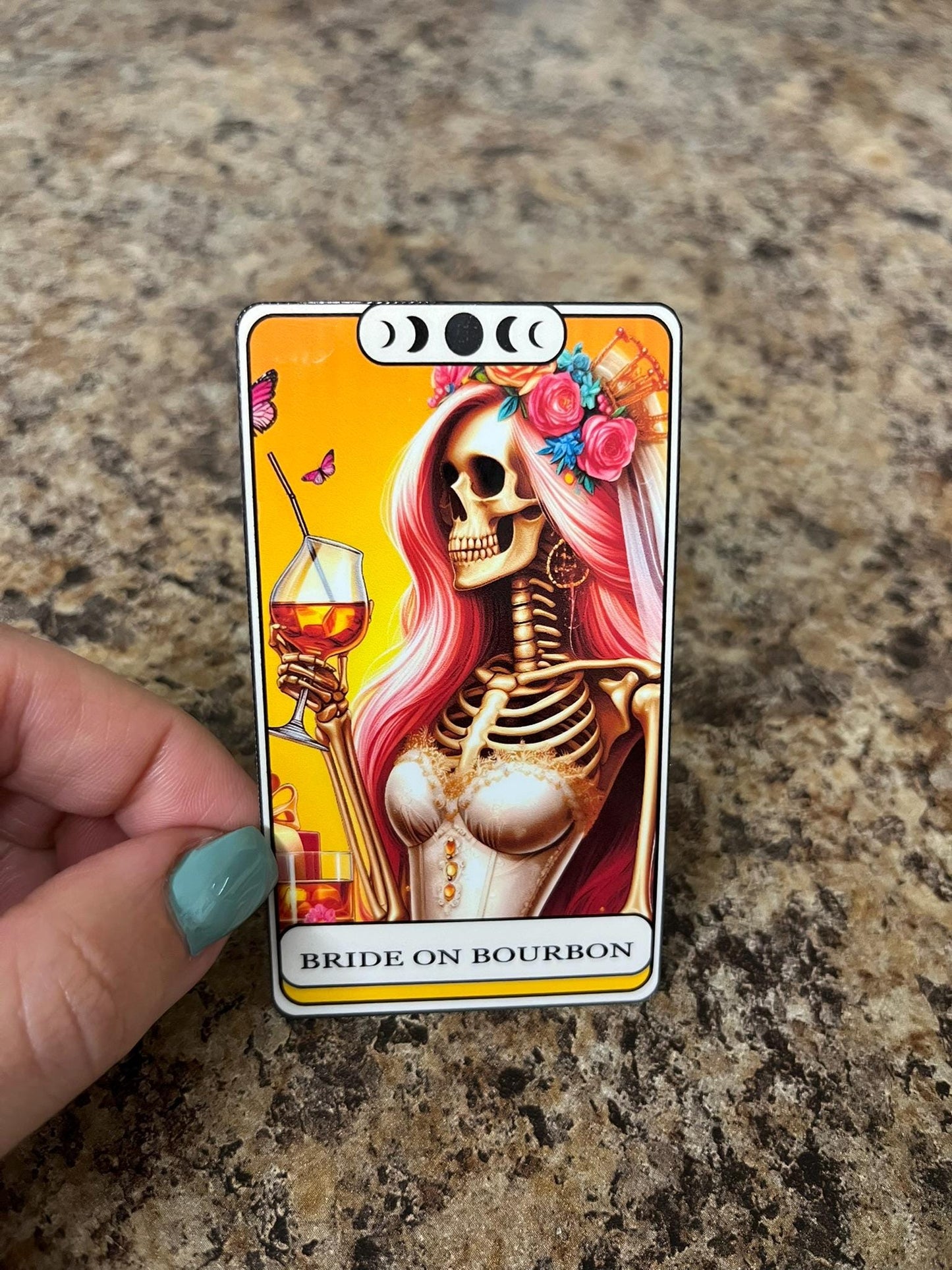 Bride On Bourbon Tarot Waterproof Sticker | Skeleton Wedding Vinyl | 3.5"x2" | Laptop Yeti Stanley Cooler+