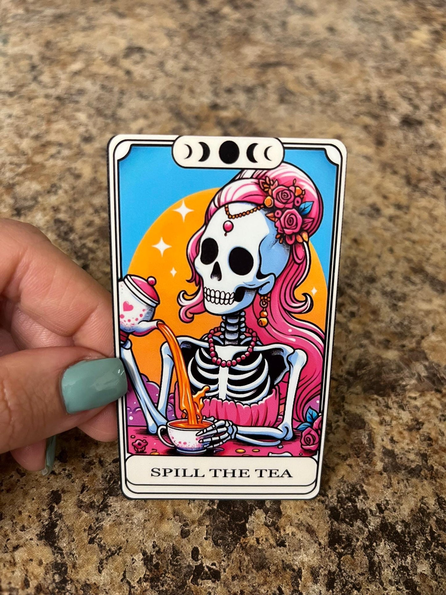 Spill the Tea Tarot Skeleton Sticker – 3.5"x2" Pink Hair Skeleton Gossiping with Teacup for Witchy Humor and Sassy Skeleton Vibes