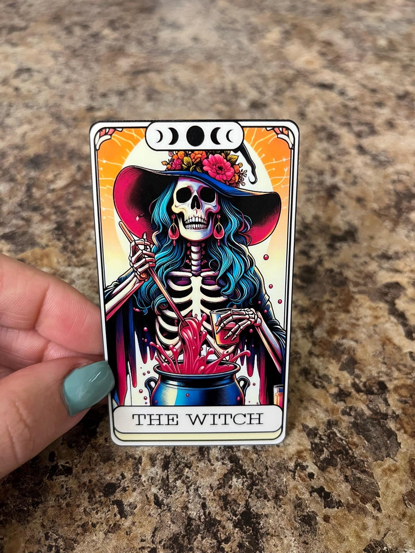 The Witch Tarot Waterproof Sticker | Skeleton Moon Vinyl | 3.5"x2" | Laptop Yeti Stanley Cooler+