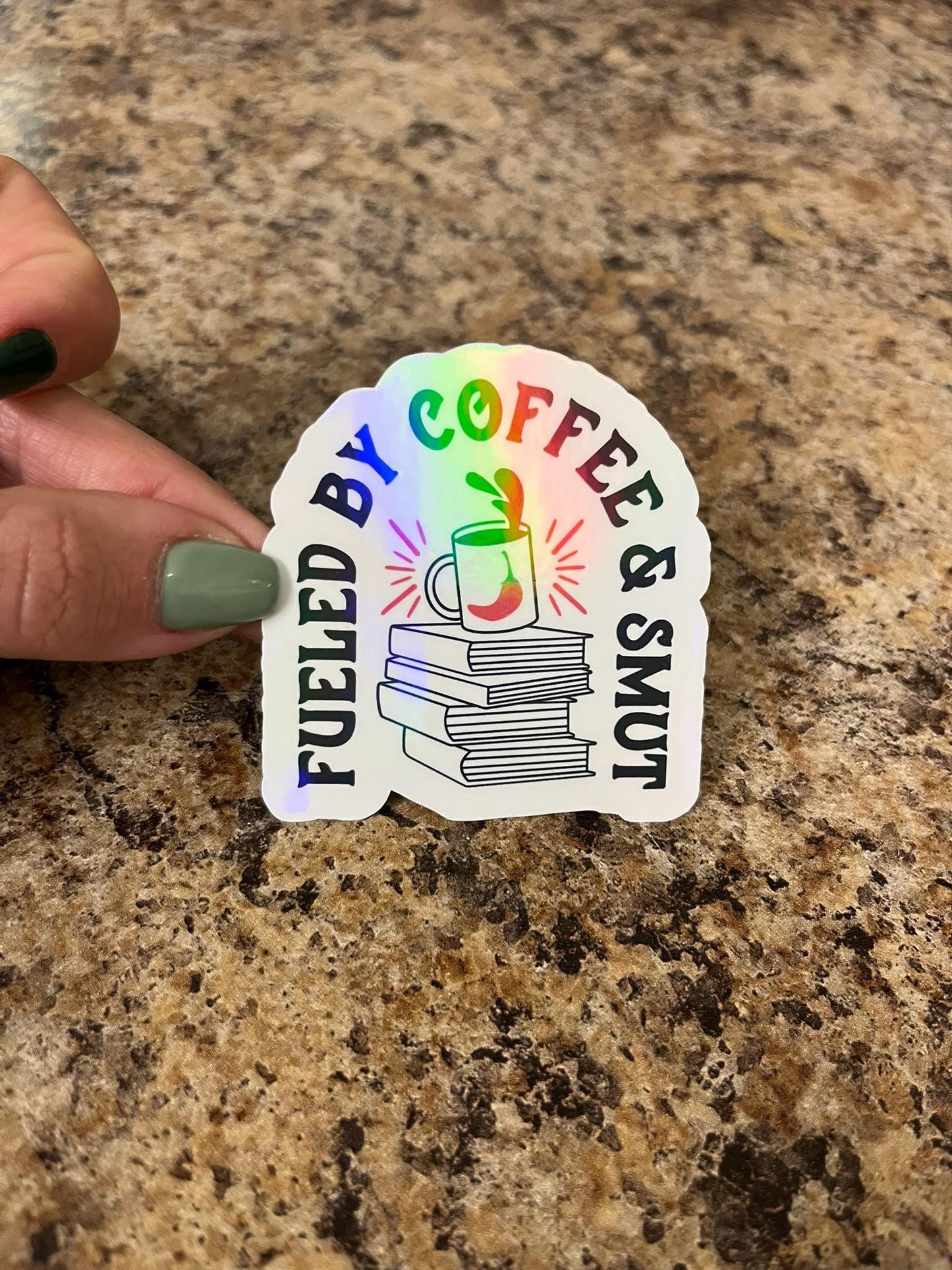 Holographic Coffee & Spicy Books Sticker | Rainbow Romance Reader Decal | Steamy Stories Art | 2.5"x2.5"