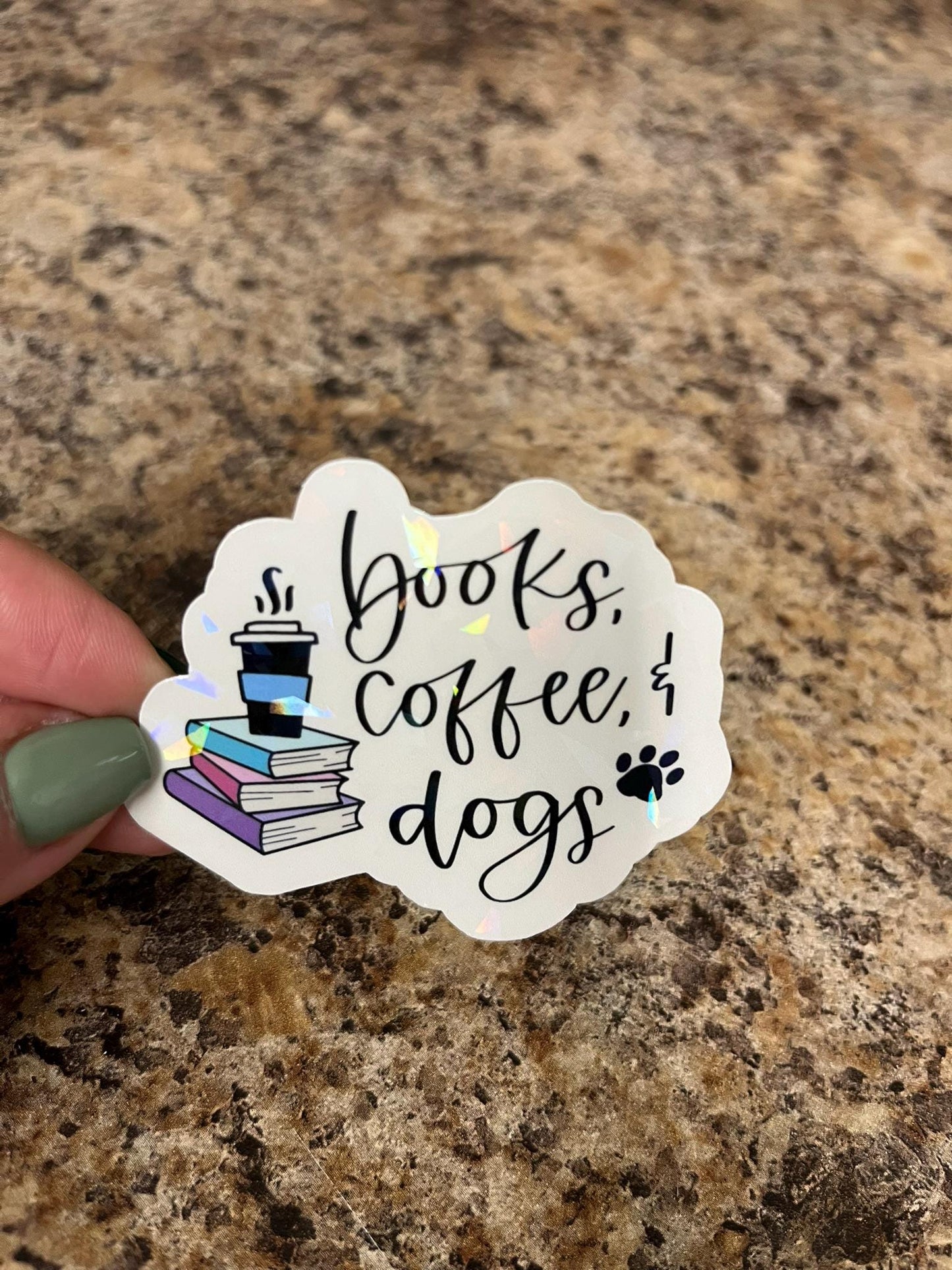 Holographic Books Coffee & Dogs Sticker | Rainbow Reader's Life Decal | Perfect Day Vibes Art | 2.5"x2"