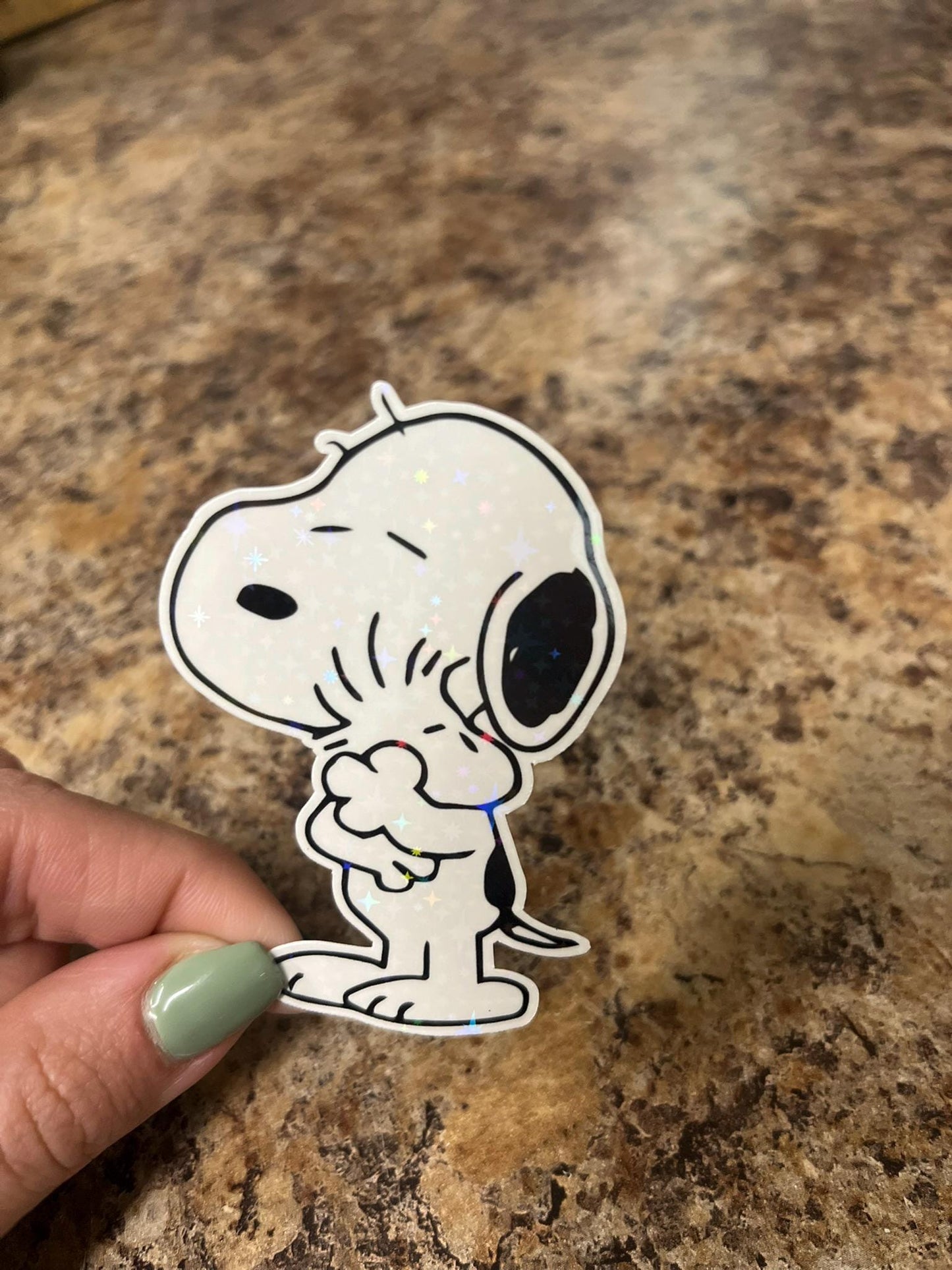Snoopy Hugging Woodstock Holographic Sticker • Peanuts Vinyl Decal • Waterproof • Gift for Snoopy Fans & Collectors • Transparent Option
