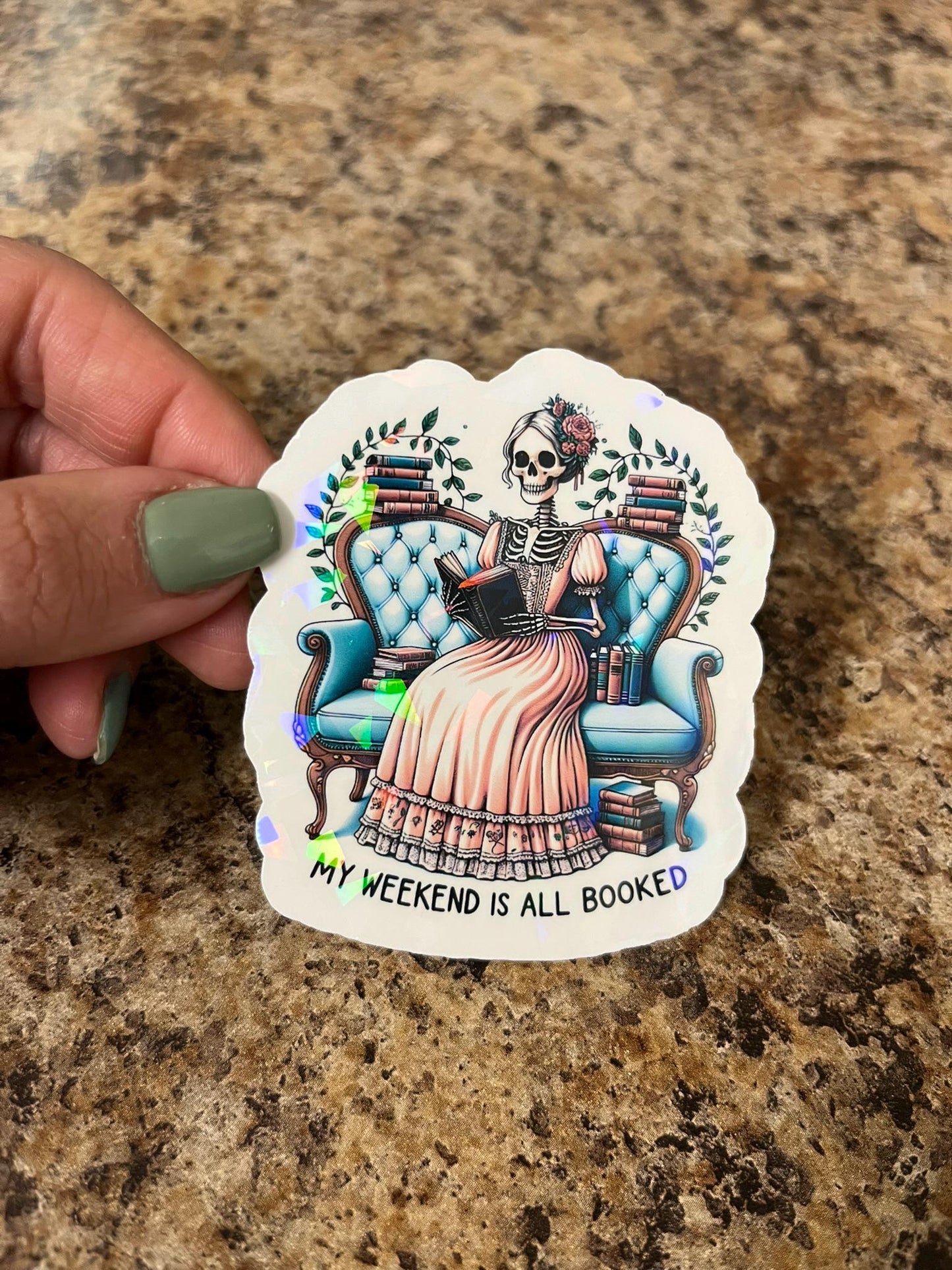 Holographic Victorian Reader Skeleton Sticker | Rainbow Bookish Pun Decal | Gothic Book Lover Art | 3"x2.5"