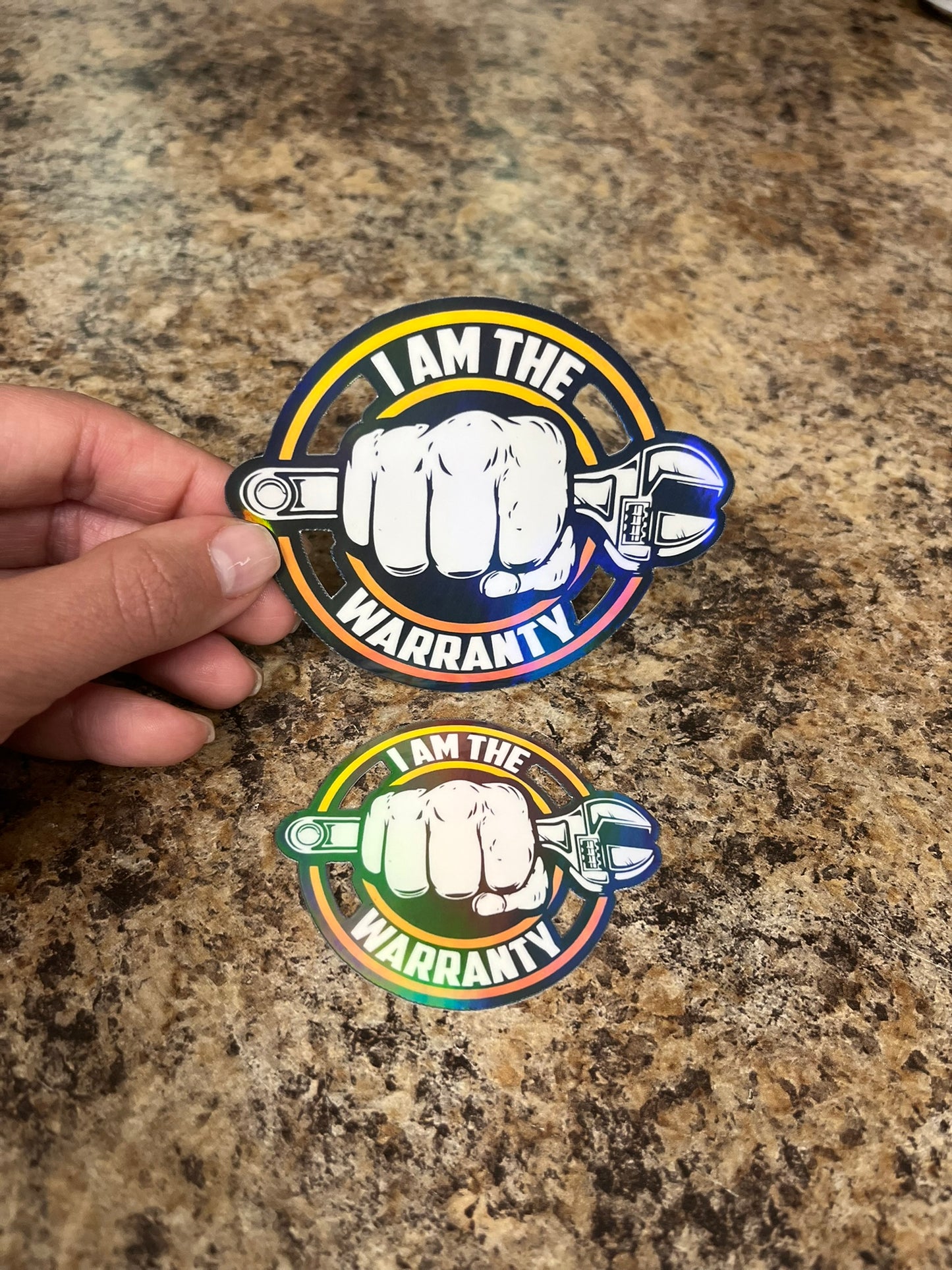 I Am The Warranty Waterproof Sticker | Holographic Mechanic Vinyl | 2 Size Options | Laptop Yeti Stanley Cooler+