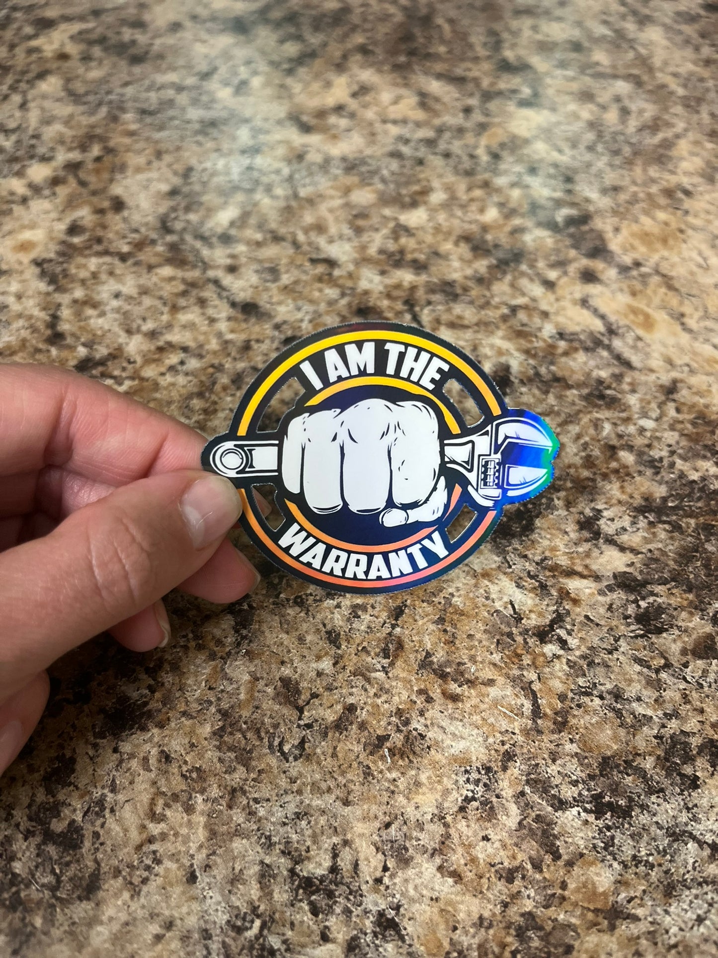 I Am The Warranty Waterproof Sticker | Holographic Mechanic Vinyl | 2 Size Options | Laptop Yeti Stanley Cooler+