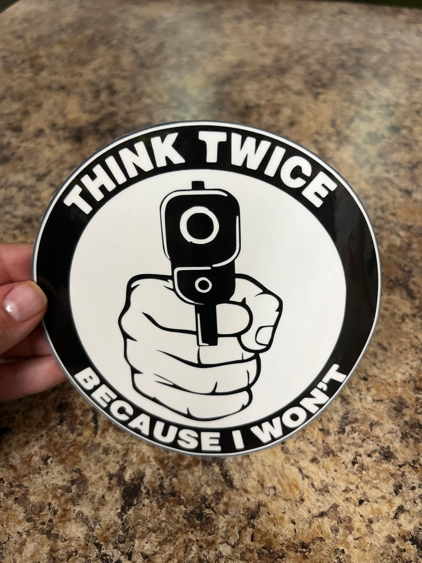 Think Twice Gun Waterproof Sticker | Self Defense Vinyl | 3 Size Options | Laptop Yeti Stanley Cooler+