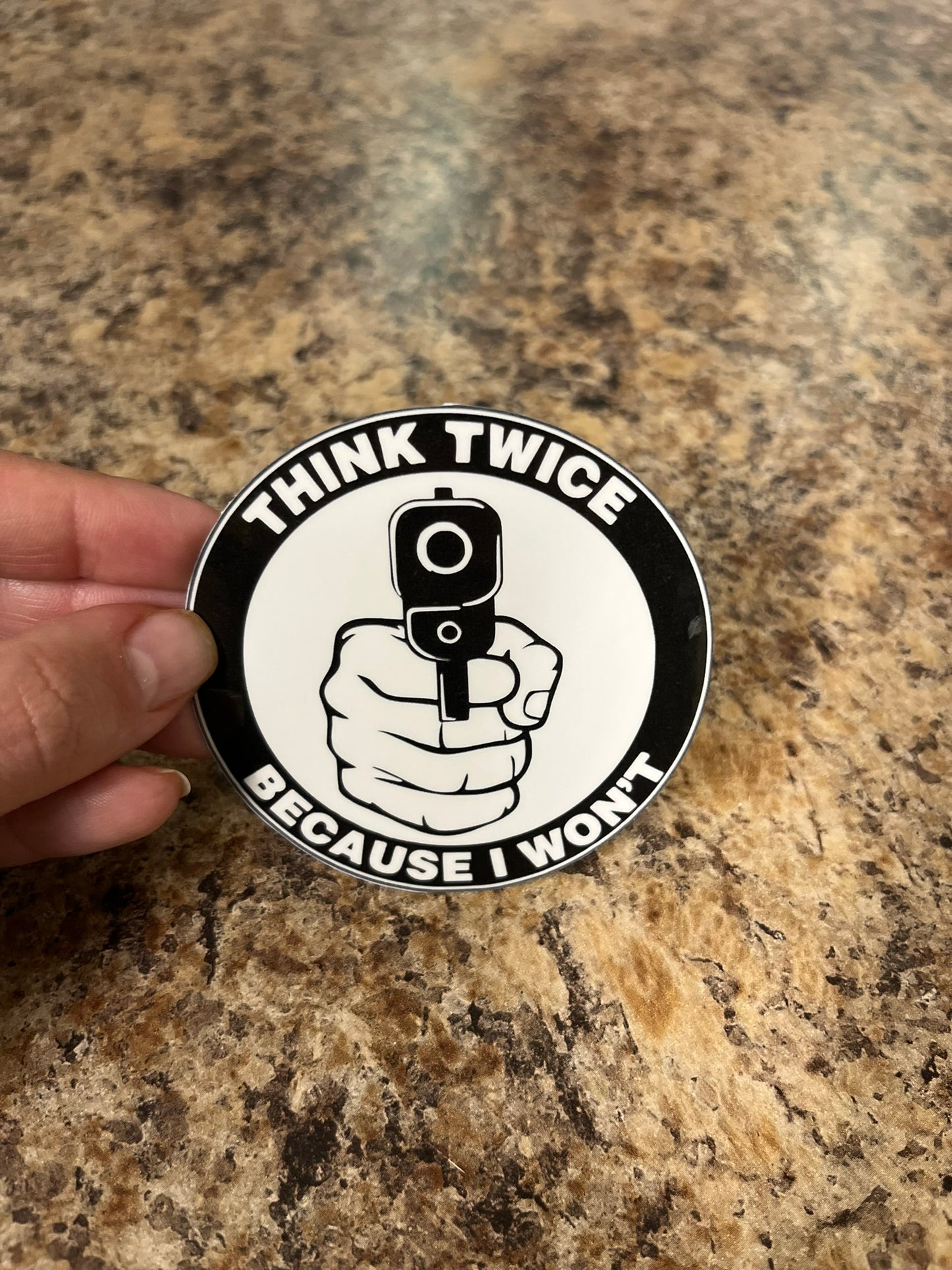 Think Twice Gun Waterproof Sticker | Self Defense Vinyl | 3 Size Options | Laptop Yeti Stanley Cooler+