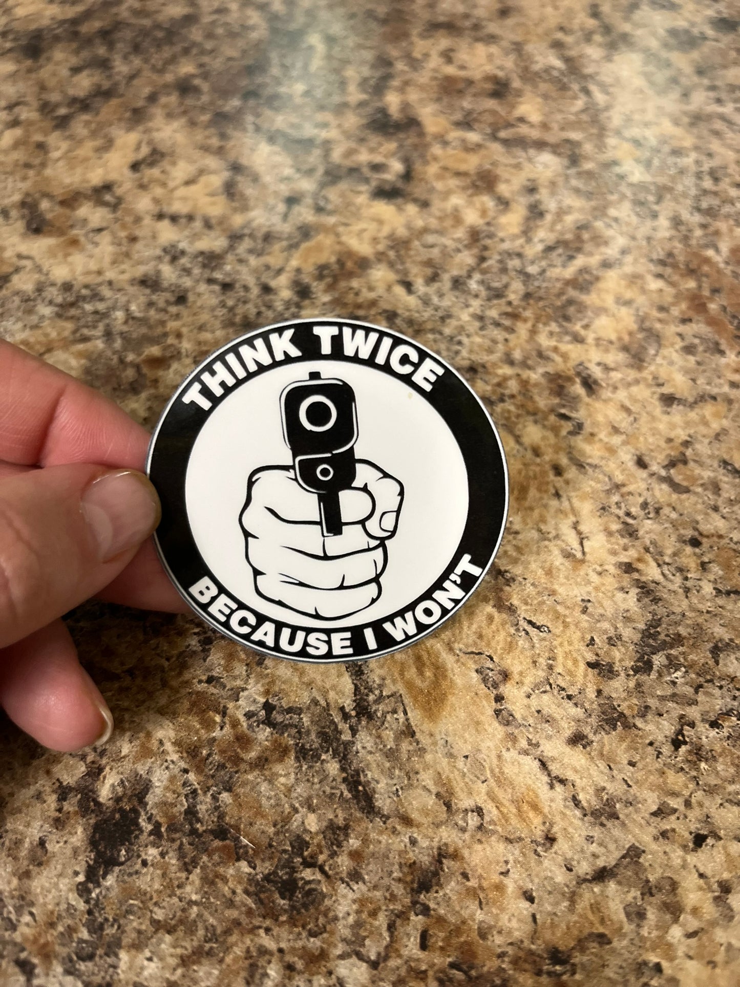 Think Twice Gun Waterproof Sticker | Self Defense Vinyl | 3 Size Options | Laptop Yeti Stanley Cooler+