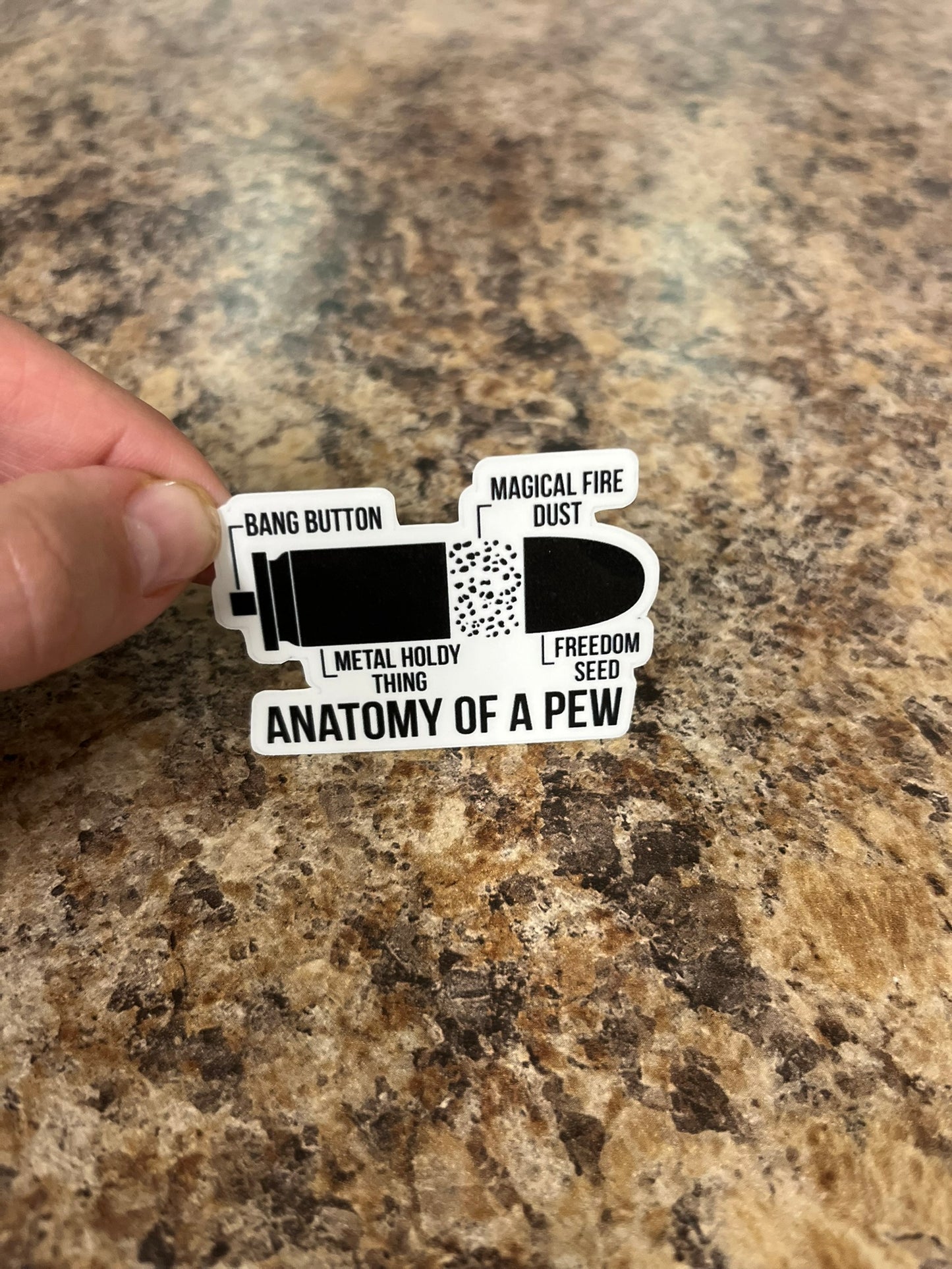 Anatomy of a Pew Waterproof Sticker | Funny Bullet Vinyl | 2 Size Options | Laptop Yeti Stanley Cooler+