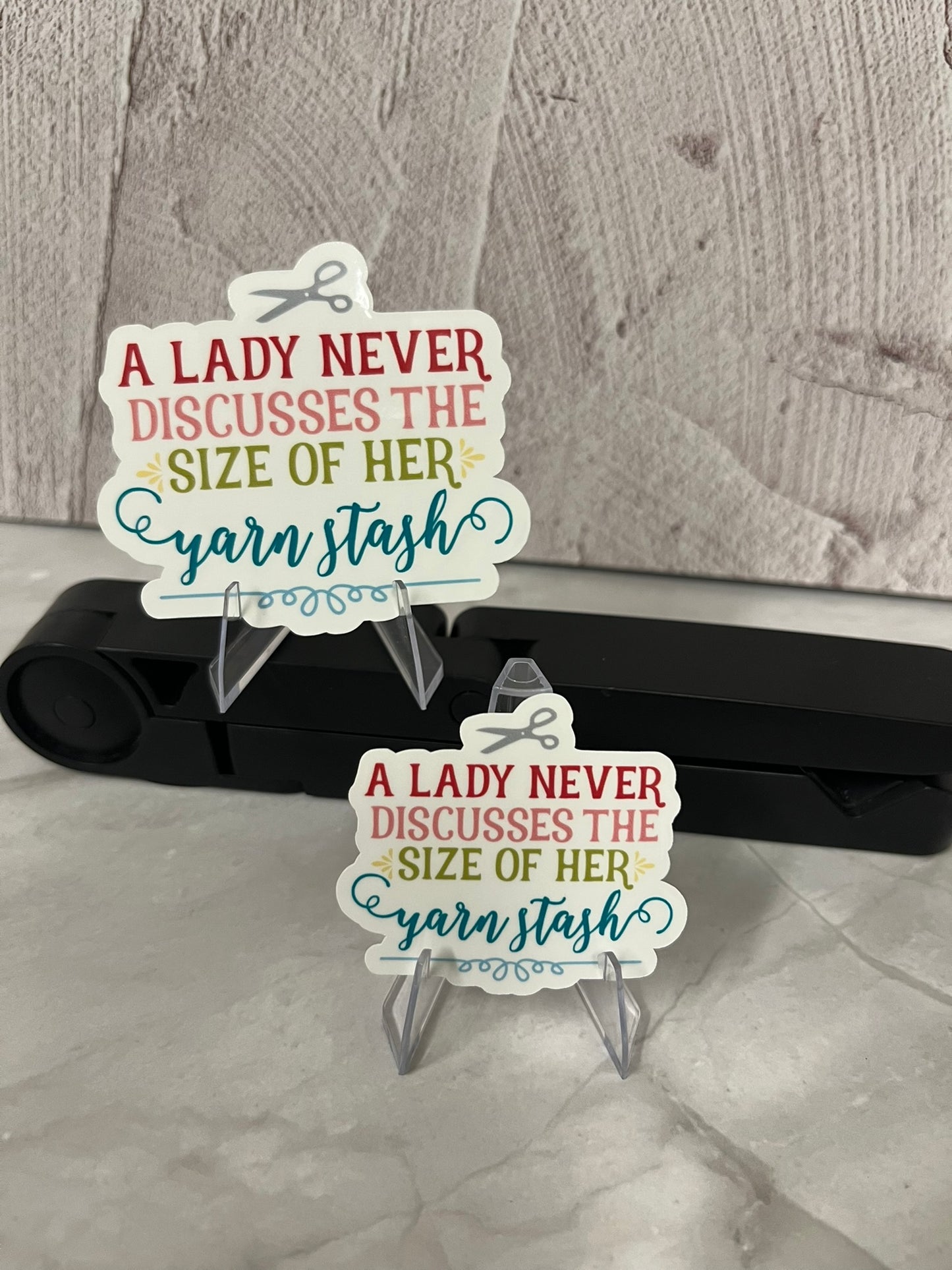 Lady Never Discusses Yarn Stash Waterproof Sticker | Crafting Humor Vinyl | 2 Size Options | Laptop Yeti Stanley Cooler+