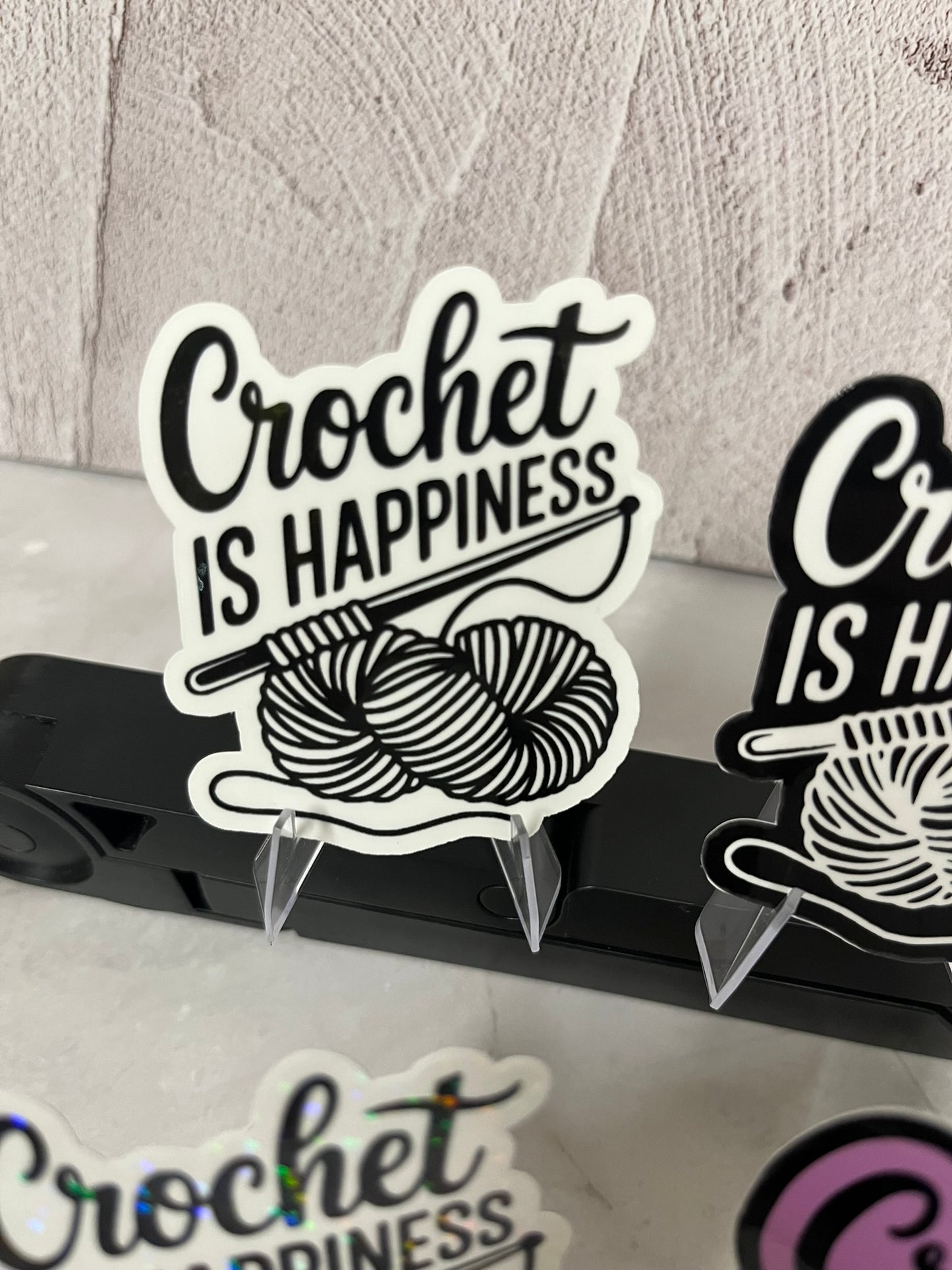 Crochet Is Happiness Waterproof Sticker | Yarn Hook Vinyl | 4 Color Options | Laptop Yeti Stanley Cooler+