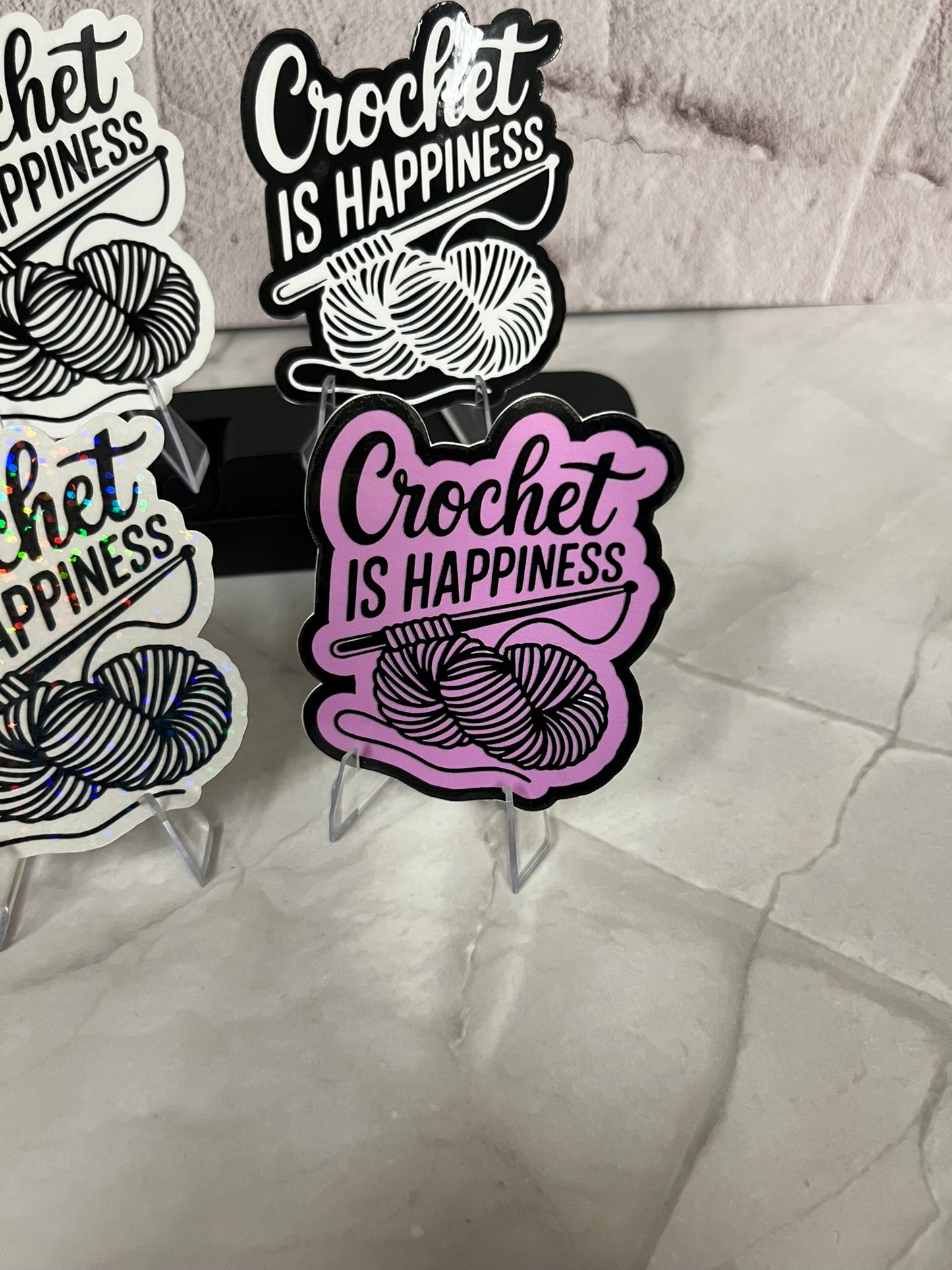 Crochet Is Happiness Waterproof Sticker | Yarn Hook Vinyl | 4 Color Options | Laptop Yeti Stanley Cooler+