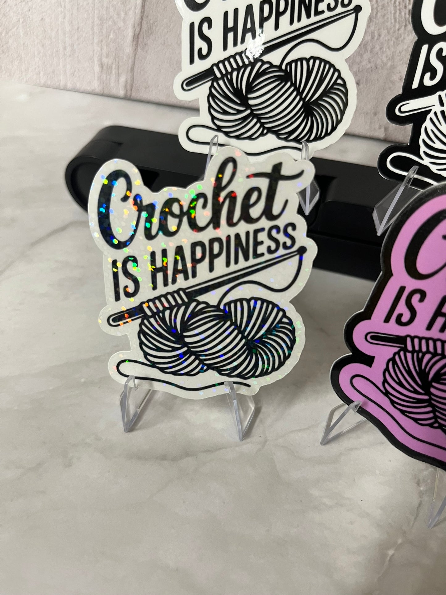 Crochet Is Happiness Waterproof Sticker | Yarn Hook Vinyl | 4 Color Options | Laptop Yeti Stanley Cooler+