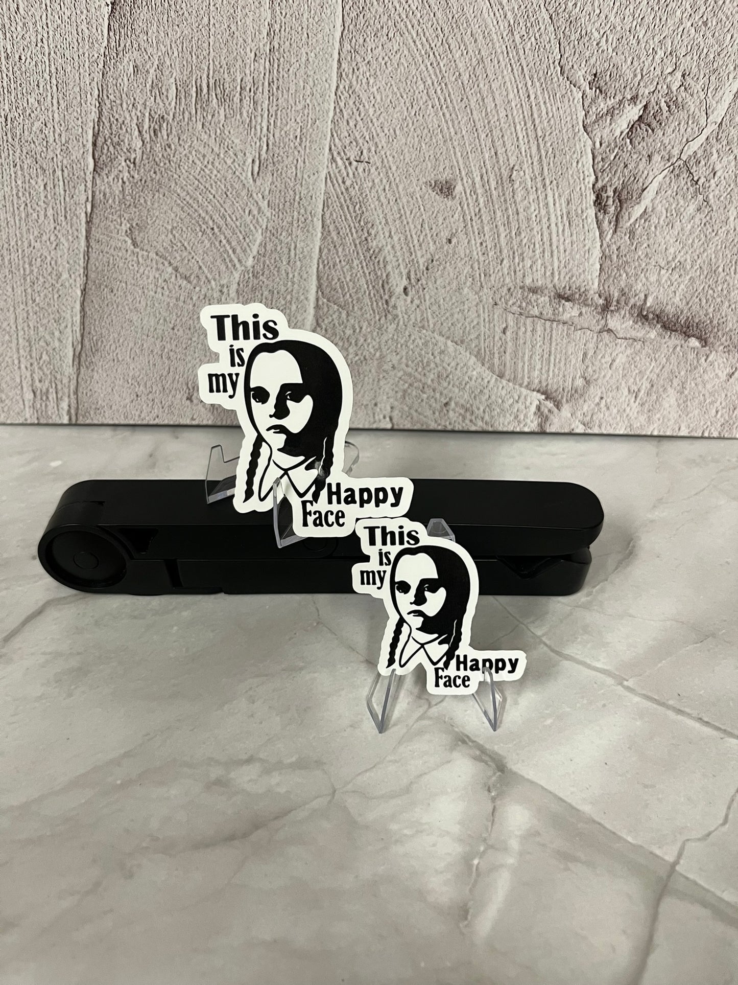 Wednesday Addams Happy Face Waterproof Sticker | Gothic Humor Vinyl | 2 Size Options | Laptop Yeti Stanley Cooler+