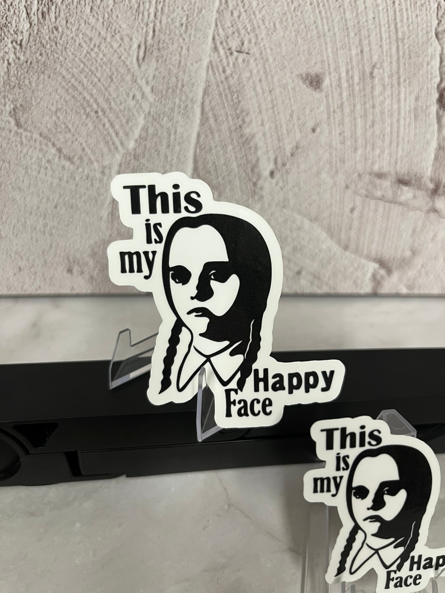 Wednesday Addams Happy Face Waterproof Sticker | Gothic Humor Vinyl | 2 Size Options | Laptop Yeti Stanley Cooler+