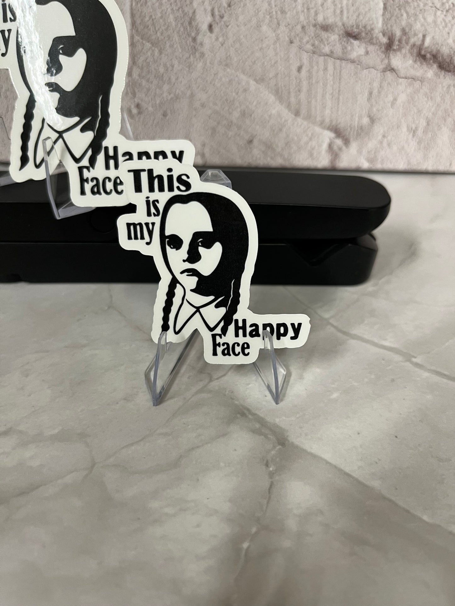Wednesday Addams Happy Face Waterproof Sticker | Gothic Humor Vinyl | 2 Size Options | Laptop Yeti Stanley Cooler+