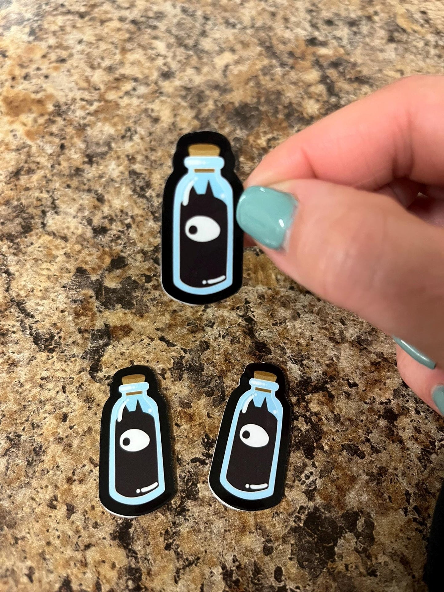Luci Demon Bottle Sticker Set of 3 – 1.5"x0.75" Mini Waterproof Vinyl Stickers Featuring Luci from Disenchantment in Tiny Spirit Bottles