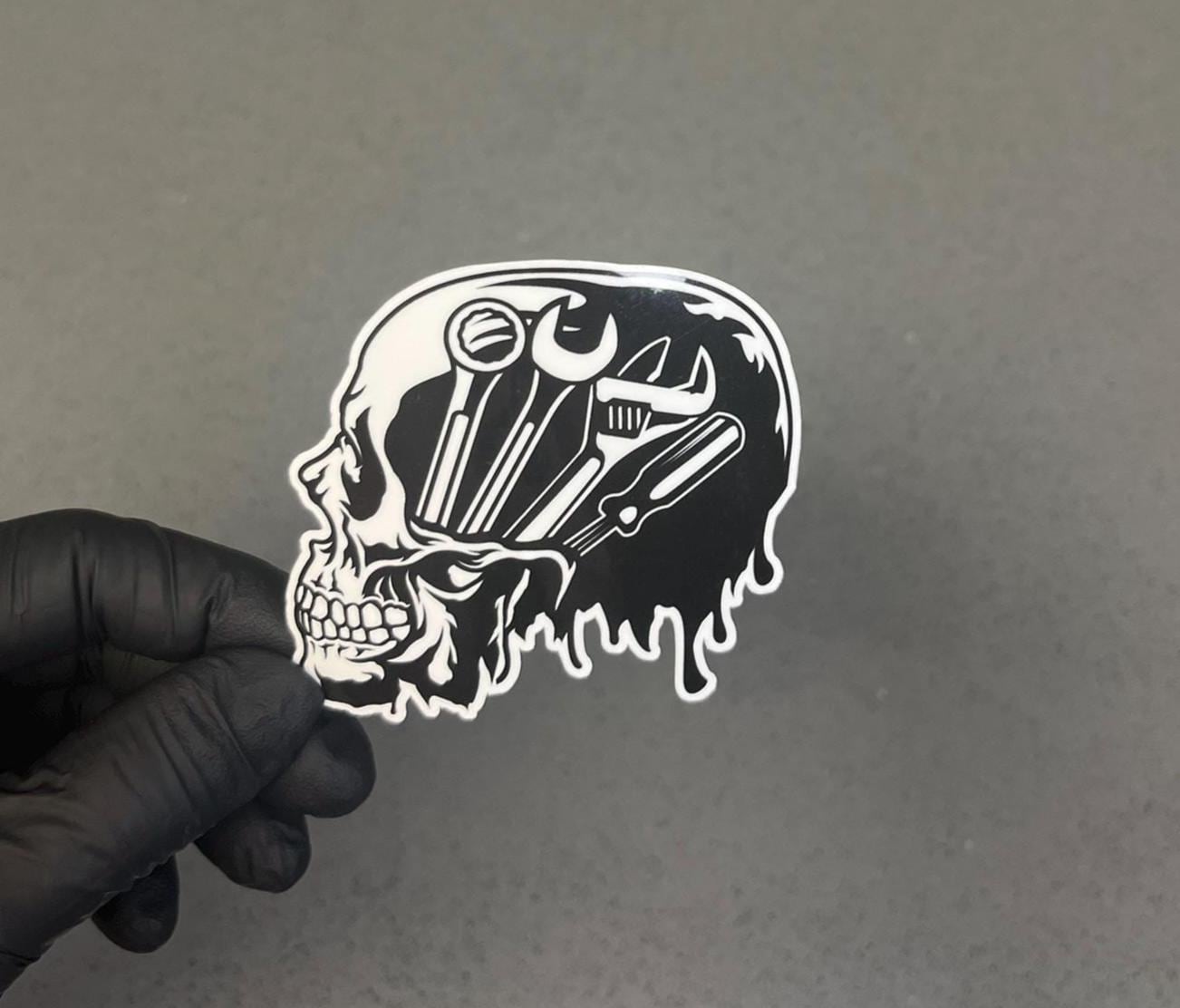 Mechanic Skull Tool Head | Gearhead Wrench Brain Waterproof Sticker| Motorcycle & Dirt Bike Repair Decal | 3 Options for Yeti, Bike, Cooler