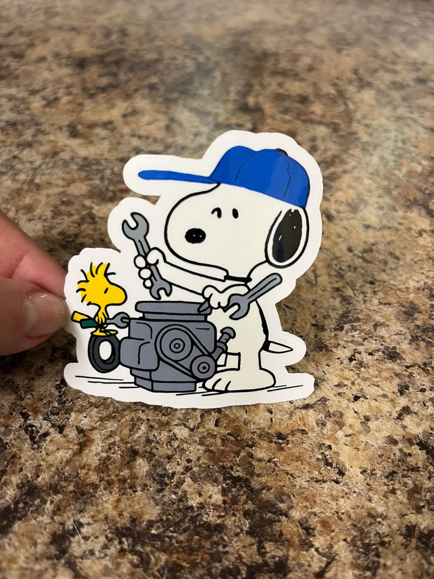 Mechanic Snoopy & Woodstock Waterproof Sticker | Peanuts Handyman Engine Repair Shop Vinyl | 2 Size Options | Laptop Yeti Stanley Cooler +