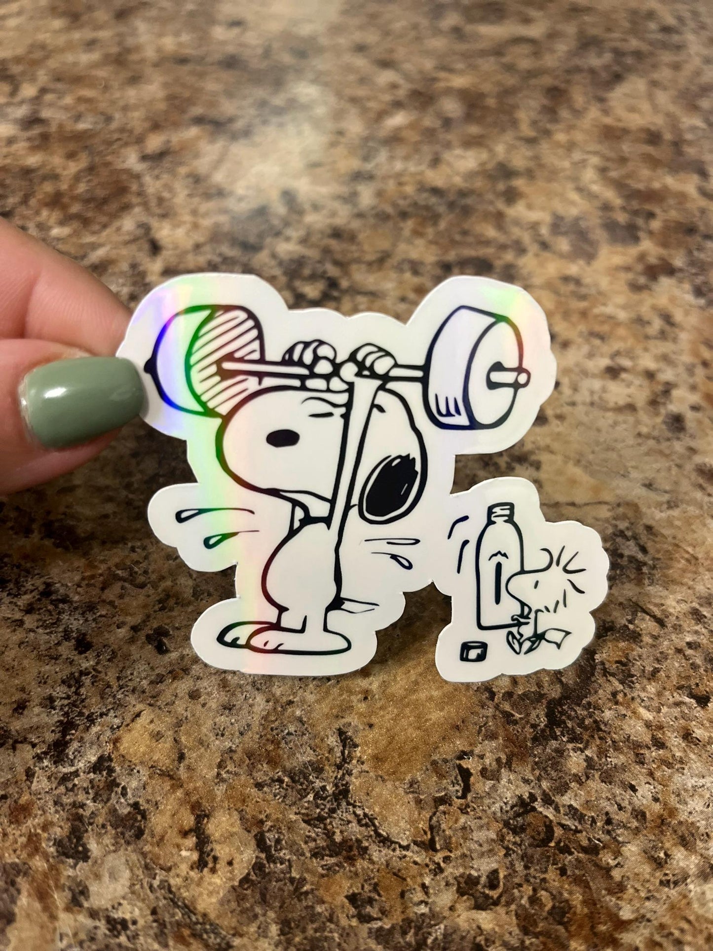 Gym Rat Snoopy and Woodstock Holographic Sticker | Rainbow Sparkle Fitness Decal | Workout Beagle Vinyl Art | 2.5"x3" Peanuts | 4 Options