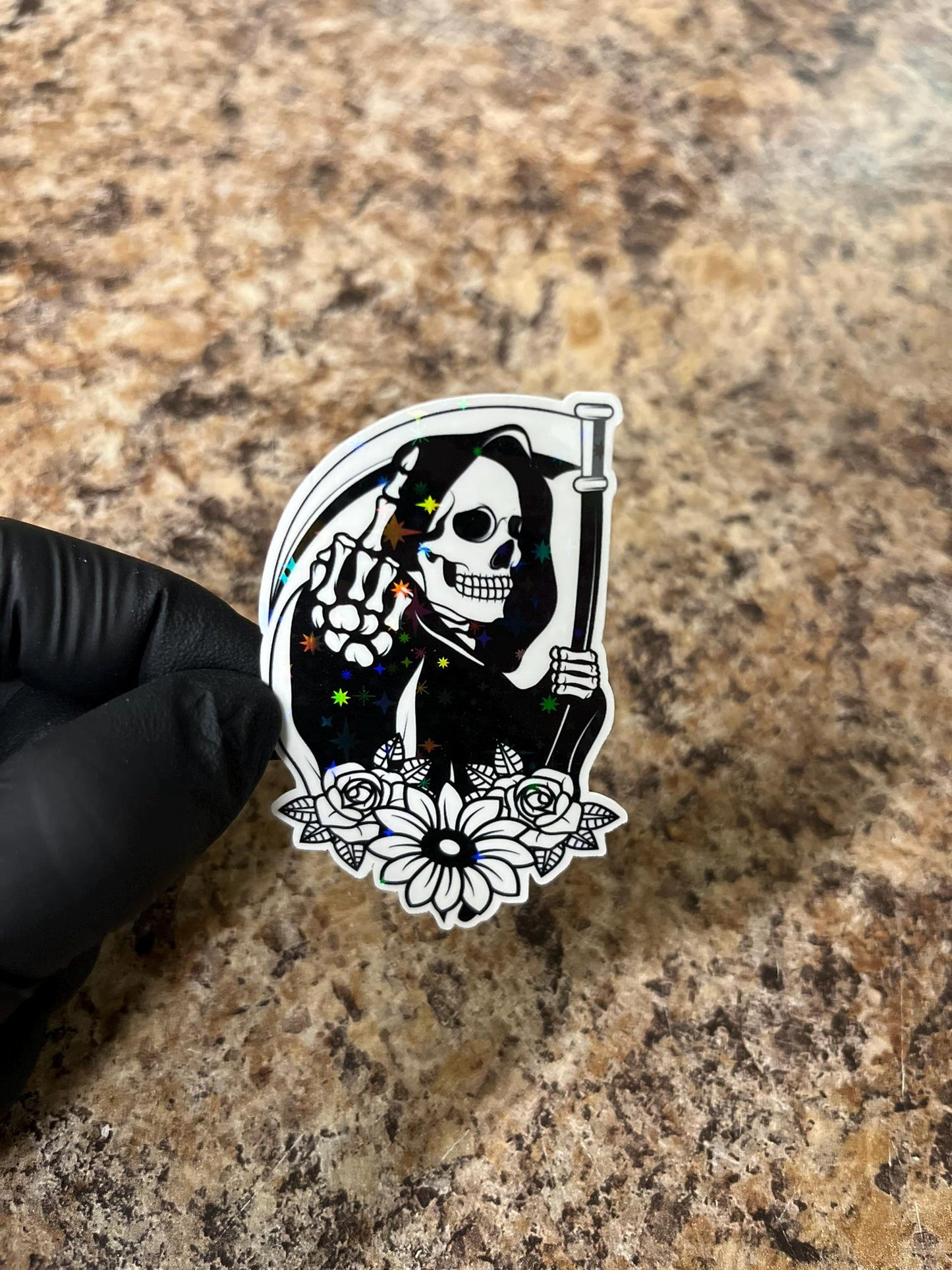 Rebellious Grim Reaper Sticker | Middle Finger Death Art | Sassy Santa Muerte Floral Flowers Decal | 2.75"x1.5" DILLIGAF Sticker