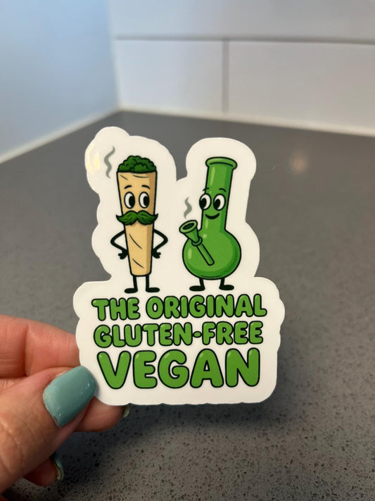 Original Gluten Free Vegan Funny Weed Sticker with Joint and Bong for Plant Based Stoners and Gluten Free Cannabis Loving Vegans