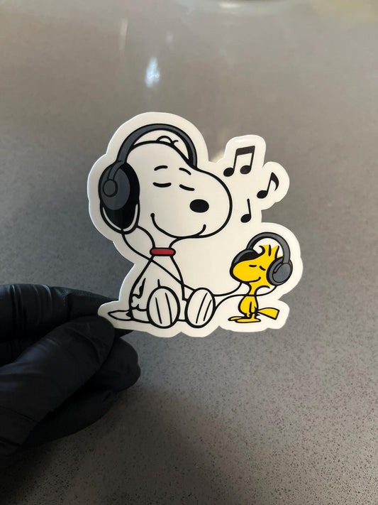 Snoopy & Woodstock Music Buddies Sticker | Peanuts Headphones Art | Beagle and Bird Listening Decal | 2 Sizes Charlie Brown Musician Sony