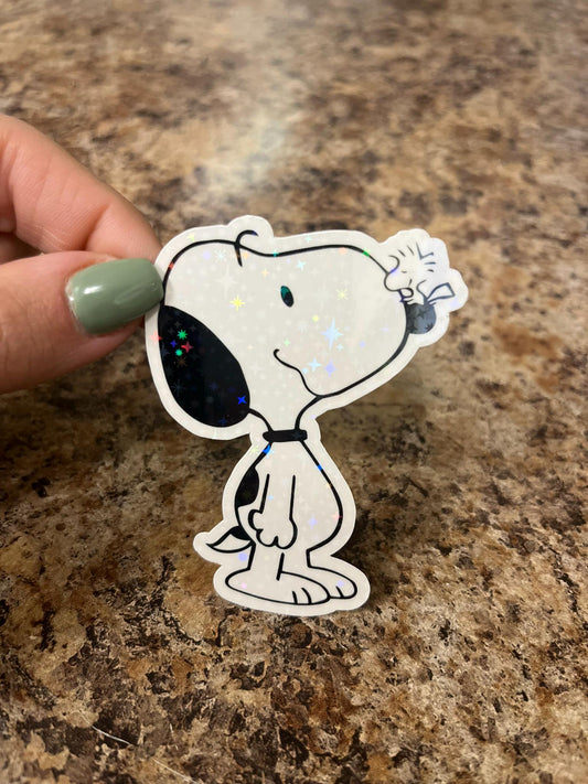 Classic Snoopy & Woodstock Holographic Sticker | Rainbow Sparkle Peanuts Decal | Best Friends Vinyl Art | 3"x2.25"