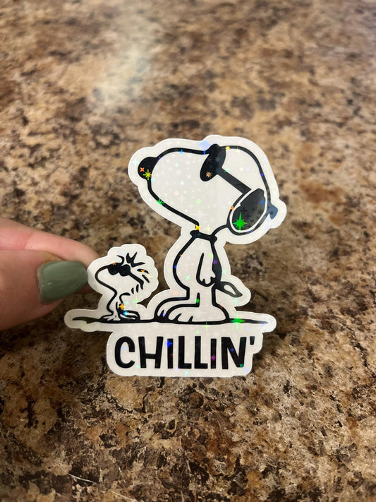 Chillin Snoopy & Woodstock Holographic Sticker | Rainbow Sparkle Peanuts Decal | Cool Vibes Vinyl Art | 3"x2.5"