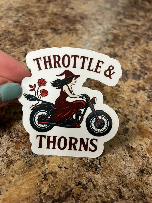 Throttle & Thorns Sticker | Witch on Motorcycle Sticker | Biker Witch Sticker | Floral Motorcycle Sticker | Badass Witch Vibes