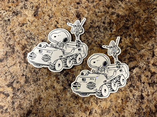 Astronaut Snoopy Moon Rover Sticker | Space Explorer Beagle Art | NASA Peanuts Mission Decal | 3"x2.75" | 2 Laminate Options - Holographic