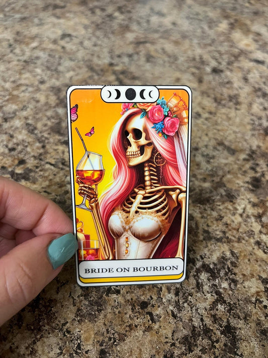Bride On Bourbon Tarot Waterproof Sticker | Skeleton Wedding Vinyl | 3.5"x2" | Laptop Yeti Stanley Cooler+