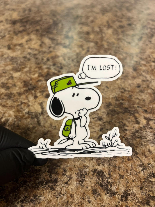 Lost Scout Snoopy with Backpack Sticker | Peanuts Directionally Challenged Beagle | Wilderness Navigation Fail Decal | 3"x3" Outdoor Camping