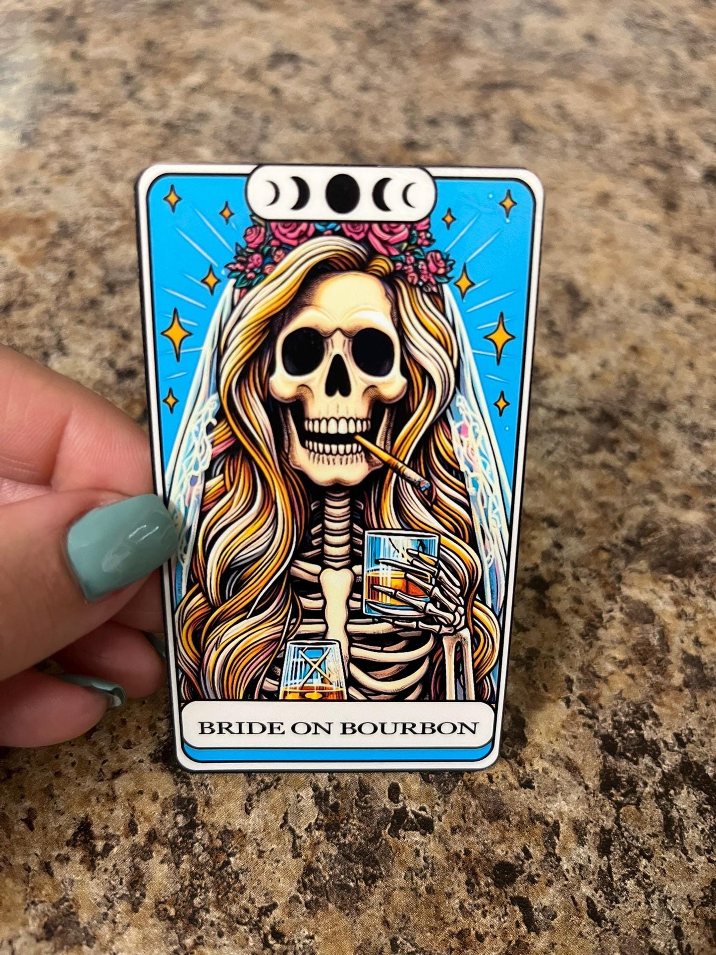 Bride On Bourbon Waterproof Sticker | Skeleton Tarot Vinyl | 3.5"x2" | Laptop Yeti Stanley Cooler+
