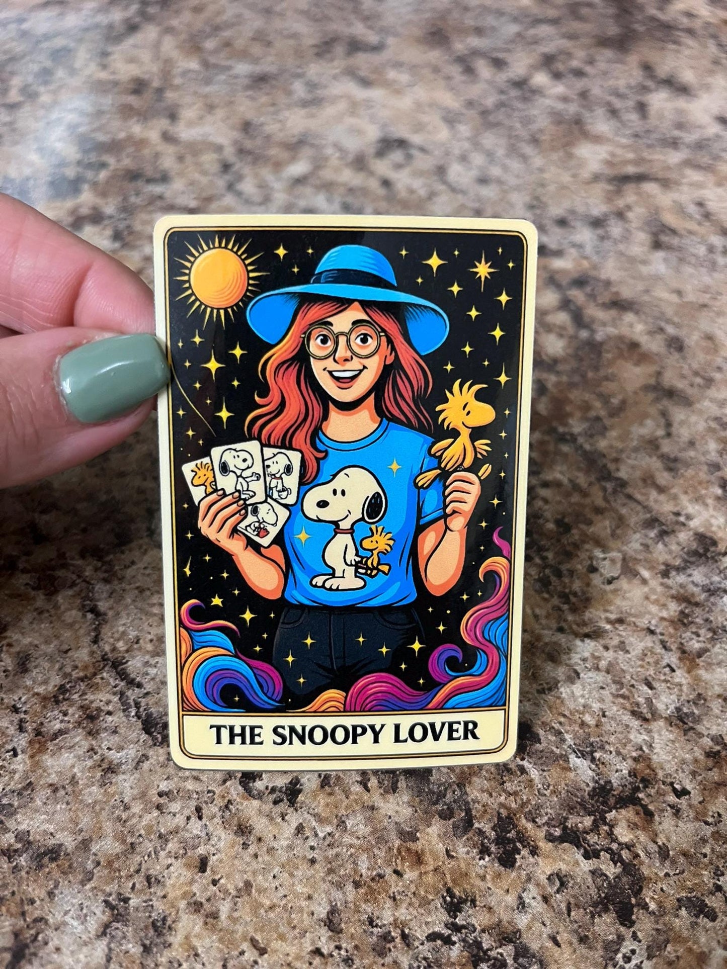 The Snoopy Lover Tarot Card Sticker – Vintage-Inspired Vinyl Sticker for Peanuts Fans, Woodstock Enthusiasts, and Comic Collectors