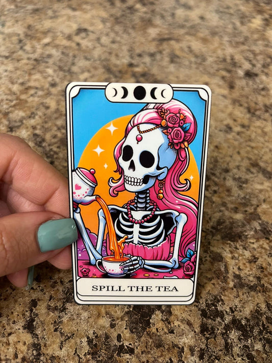 Spill the Tea Tarot Skeleton Sticker – 3.5"x2" Pink Hair Skeleton Gossiping with Teacup for Witchy Humor and Sassy Skeleton Vibes