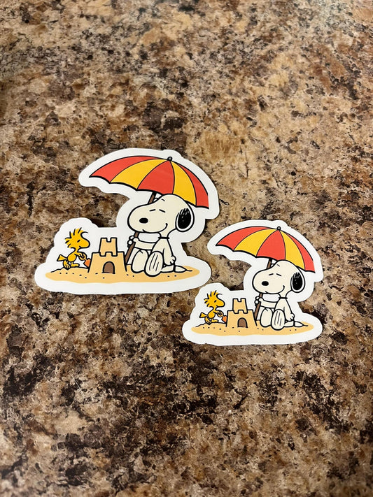 Beach Day Snoopy & Woodstock Sandcastle Waterproof Sticker | Summer Vacation Peanuts Vinyl | 2 Size Options | Laptop Yeti Stanley Cooler+