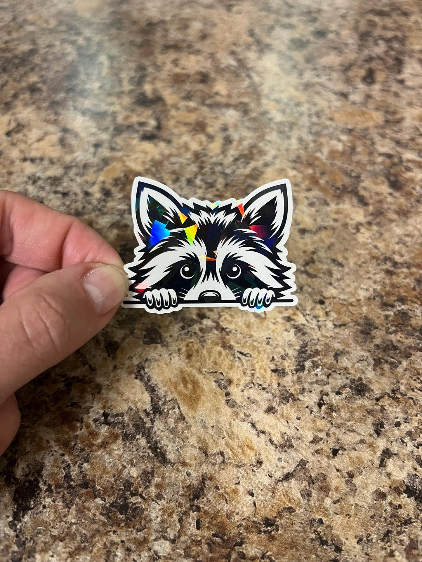 Holographic Trash Panda Raccoon Waterproof Sticker | Peeking Raccoon Vinyl | 2"x1.5" | Journal Diary Kindle Laptop Yeti Stanley Cooler+