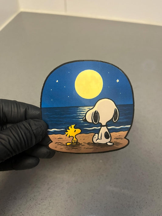 Snoopy & Woodstock Moonlit Beach Waterproof Sticker | Peanuts Ocean Night| Coastal Peace | 2 Sizes | Yeti, Kindle, Phone, Tumbler Phone +