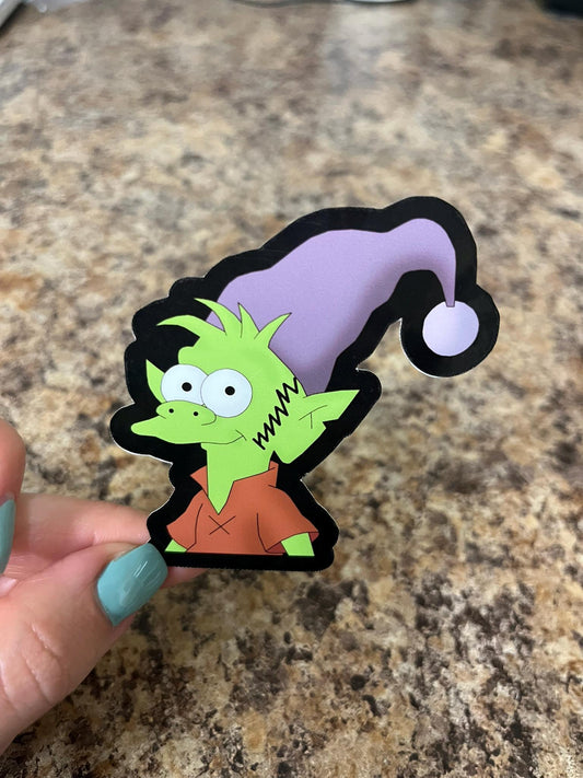 Elfo Disenchantment Vinyl Sticker 2.75"x2.5" – Green Elf Cartoon Chaos Goblin Waterproof Sticker for Laptops, Tumblers and Notebooks