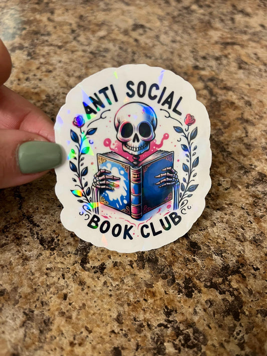 Holographic Anti Social Book Club Sticker | Rainbow Skeleton Reader Decal | Introvert Bookish Art | 2.75"x2.5"