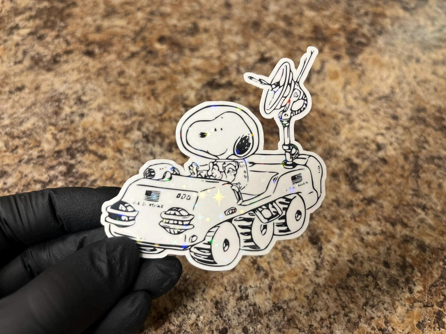 Astronaut Snoopy Moon Rover Sticker | Space Explorer Beagle Art | NASA Peanuts Mission Decal | 3"x2.75" | 2 Laminate Options - Holographic
