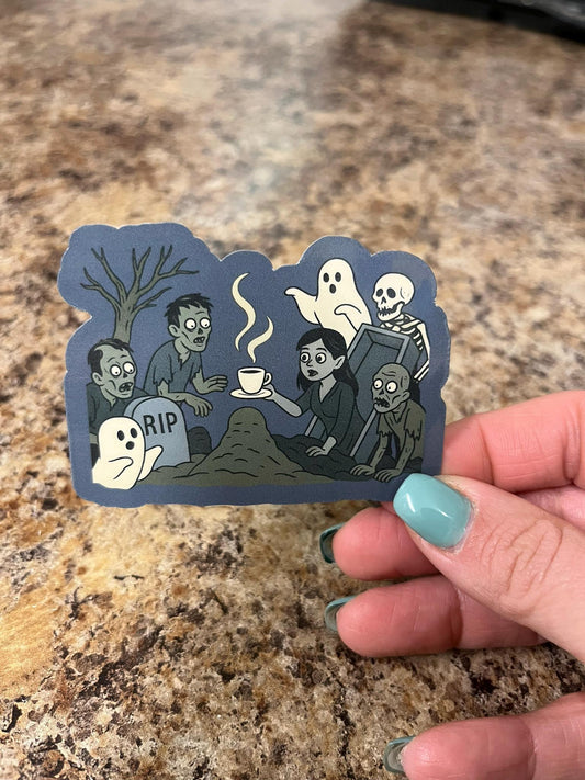 Graveyard Coffee Club Sticker Zombie Coffee Sticker Spooky Morning Sticker Cute Goth Sticker Laminated Waterproof