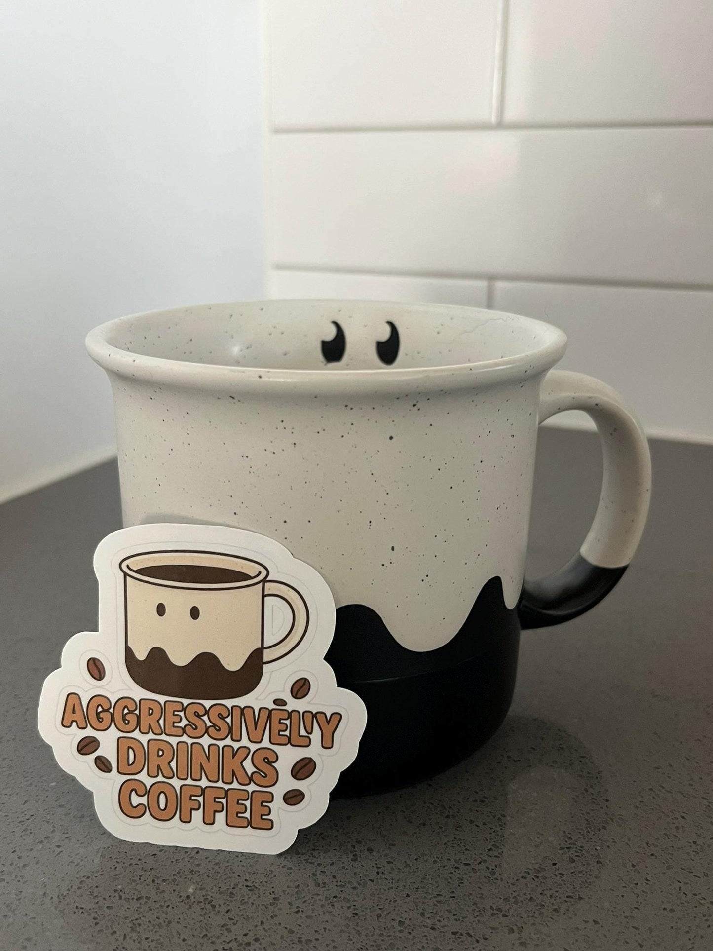 Aggressively Drinks Coffee Funny Waterproof Coffee Sticker with Cute Mug Design for Caffeine Lovers Baristas and Exhausted Humans