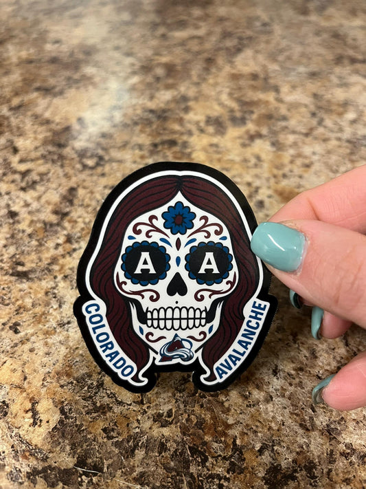 Colorado Avalanche Sugar Skull Sticker Female Sugar Skull Hockey Fan Sticker Day of the Dead Hockey Sticker Laminated Waterproof