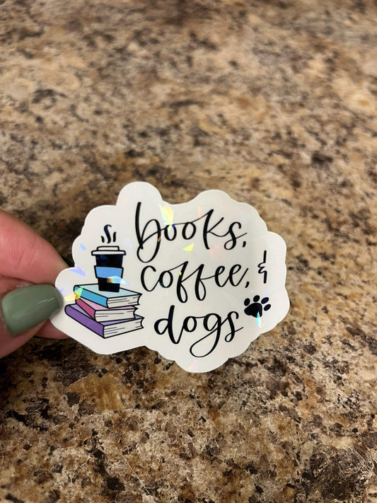 Holographic Books Coffee & Dogs Sticker | Rainbow Reader's Life Decal | Perfect Day Vibes Art | 2.5"x2"